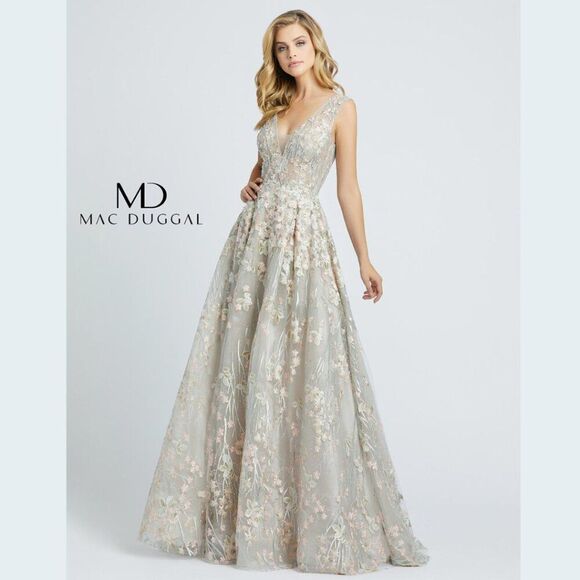 Mac Duggal 20131 Size 10 Silver Pink Pastel Floral Embroidered V-Neck Gown Dress - Picture 2 of 4